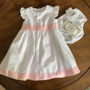 Iris & Ivy White&Pink Eyelet Dress& diaper cover 18mNWT